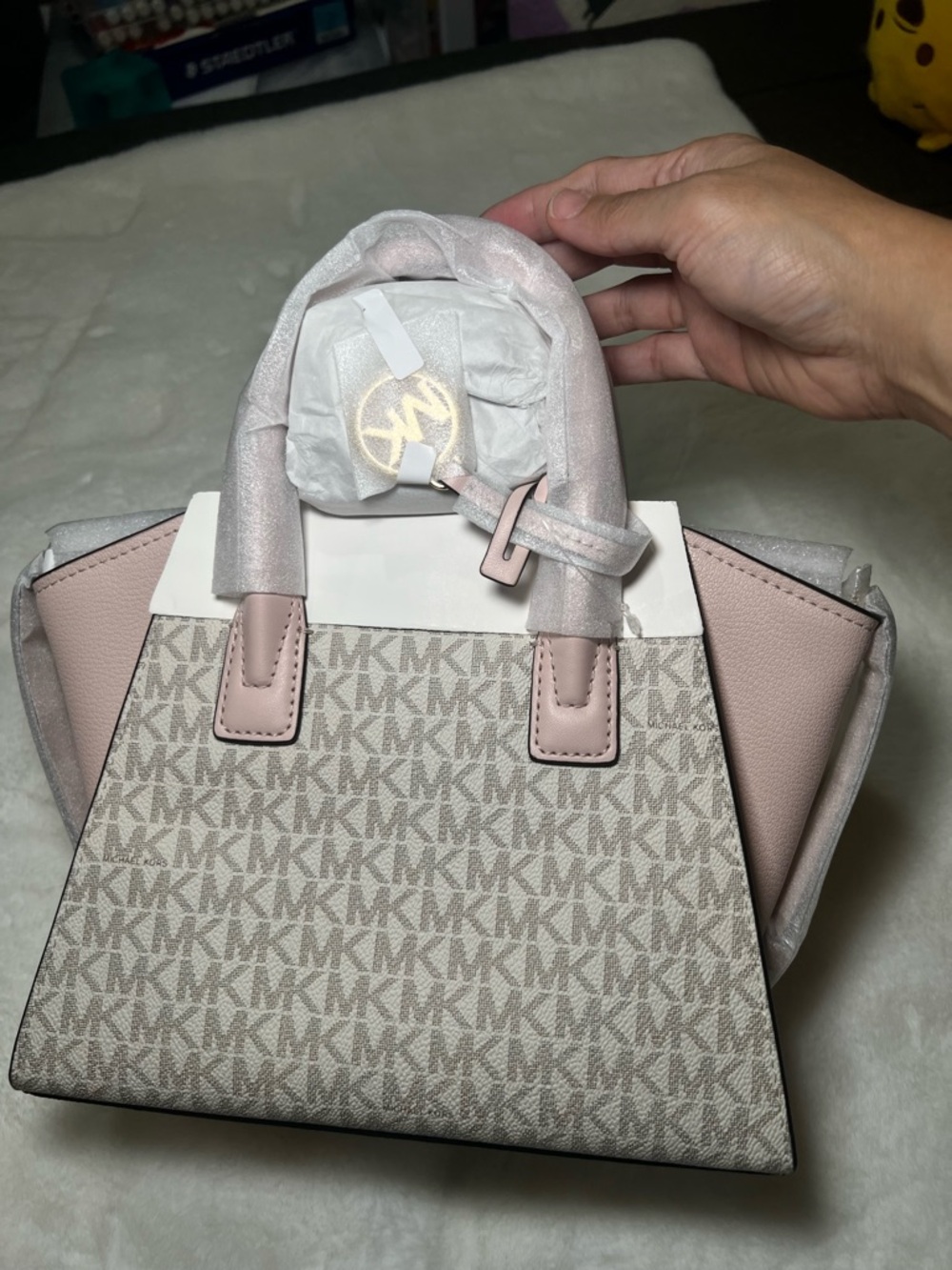 Michael Kors Pink and Beige Logo Satchel with Top Handles